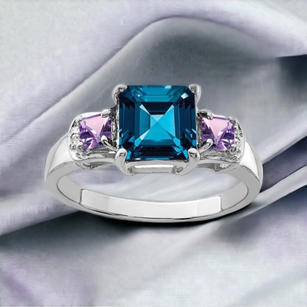 925 Sterling Silver Rhodium London Blue Topaz, Amethyst, Diamond Gemstone Ring